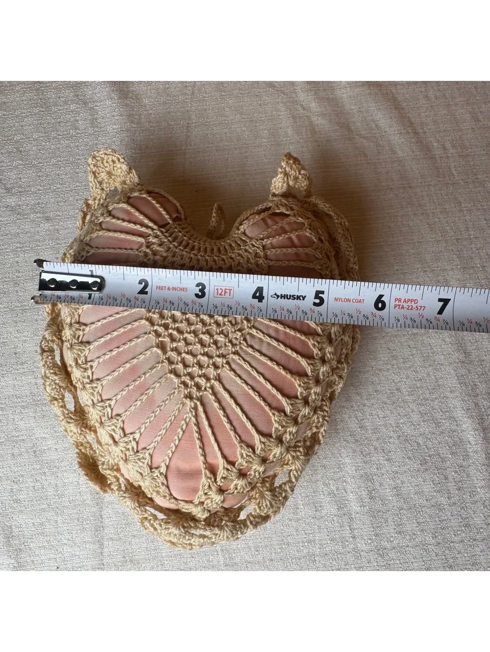 Vintage Crochet Heart Pillow Hanging Ornament 6x6 Pink Cream Cottagecore Decor
